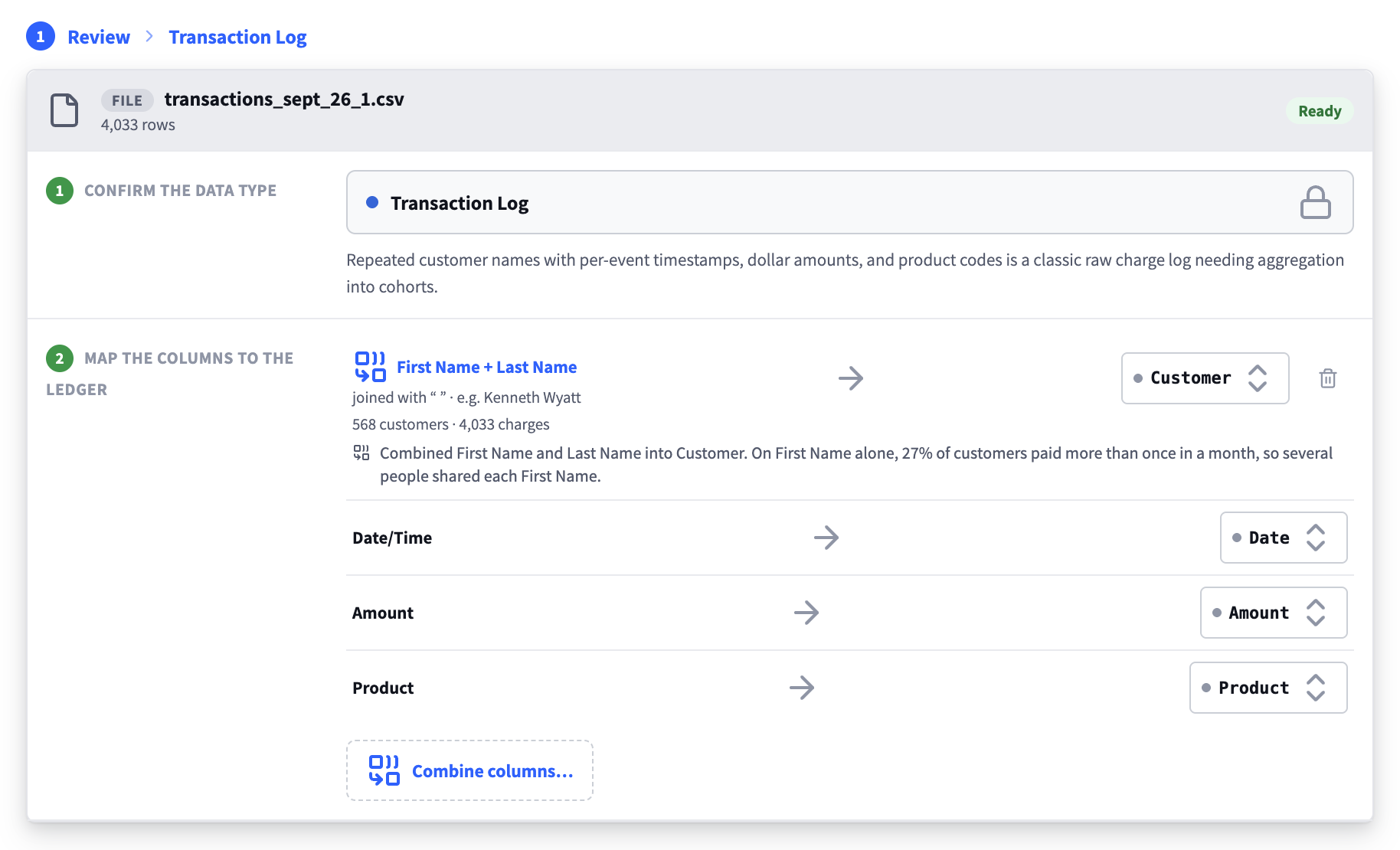 A transaction log CSV recognized and its columns mapped to the ledger